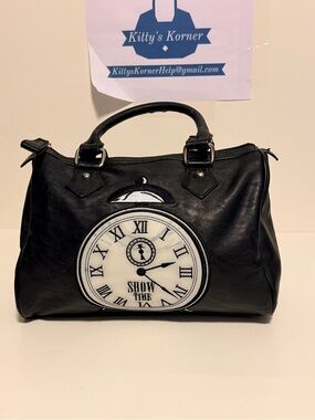 Far Nine Black and White Satchel Bag with Clock Face Embroidered Patch